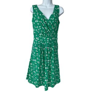 Lands End Green Floral Surplice A-Line Dress Sleeveless Cotton Blend Womens Sz S